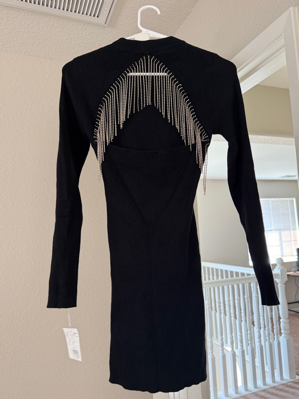 Le Lis Black Ribbed Long Sleeve Knit Dress with beautiful rhinestone back detail